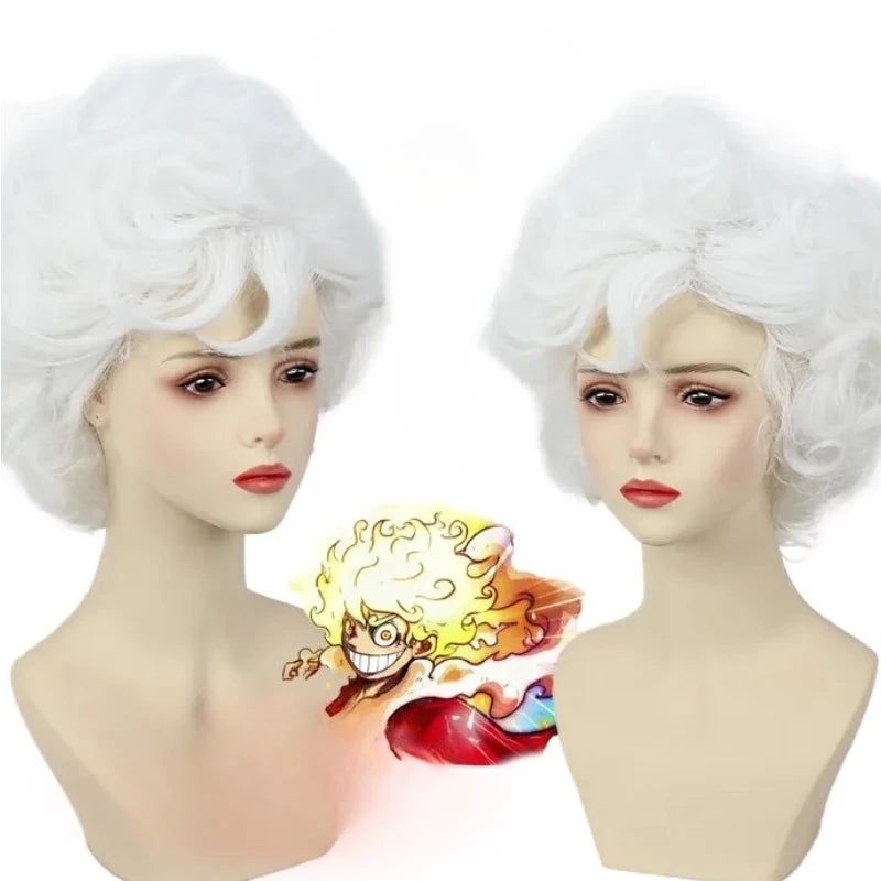 One Piece Luffy Gear 5 Nika Cosplay Wig White Fluffy Curly Afro Hair