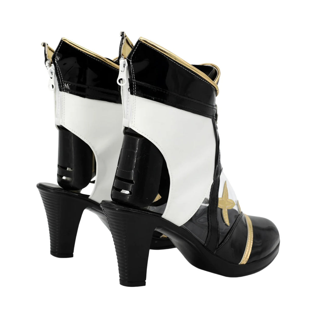 Black high-heel cosplay boots with white inset panels, gold trim, and chunky heel