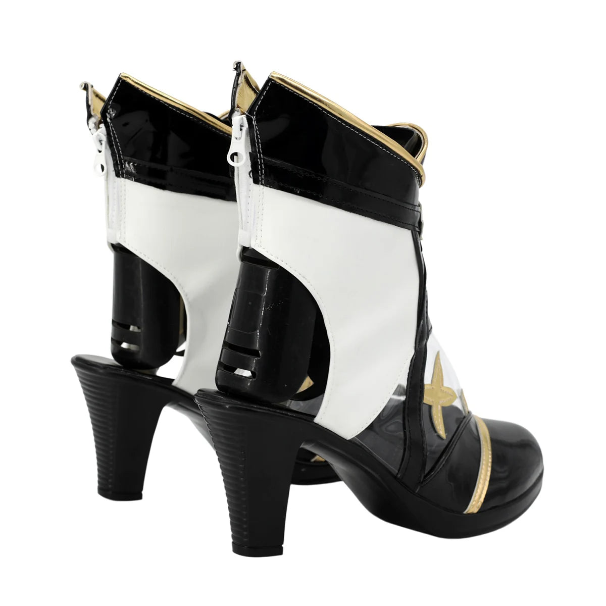 Black high-heel cosplay boots with white inset panels, gold trim, and chunky heel