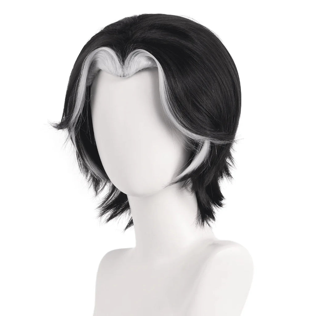 Perruque cosplay Husk de Hazbin Hotel, mèches noires et blanches, cheveux relevés