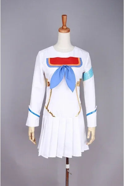 White cosplay top and skirt set with blue-red neckline, bow, and gold trim
