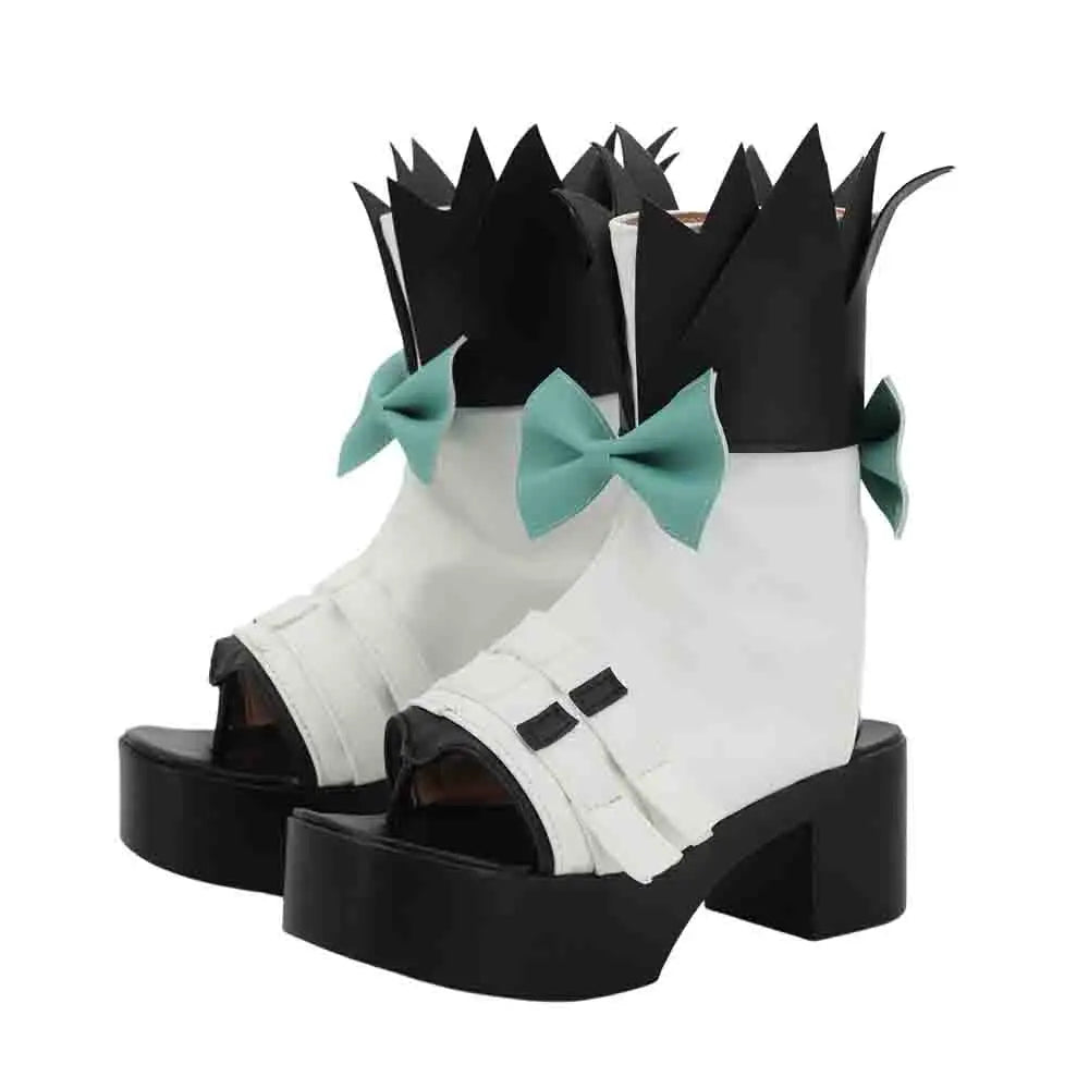 Cosplay boots with white strap details, black platform heels, teal bows, black spiked top cuffs