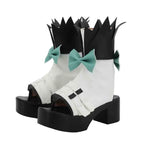 Cosplay boots with white strap details, black platform heels, teal bows, black spiked top cuffs