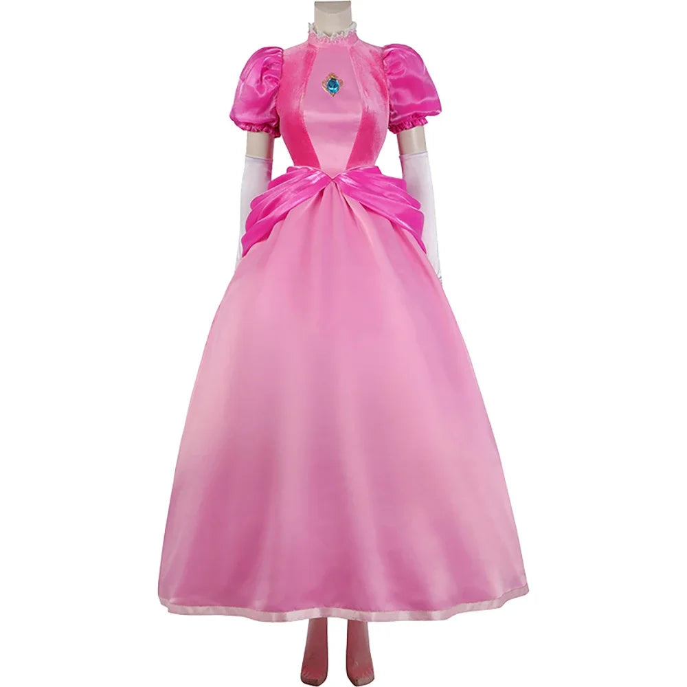 The Super Mario Bros Princess Peach Toadstool Cosplay Costume Pink Dress