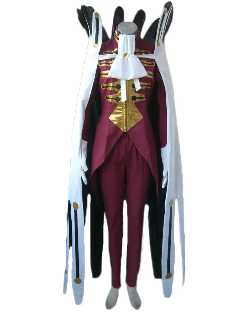 Maroon cosplay uniform with gold front panels, white gloves, and draped white arm guards