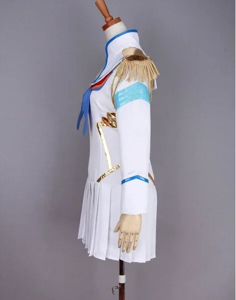 Side view white cosplay dress with blue trim and bow, gold sash detail and gloves