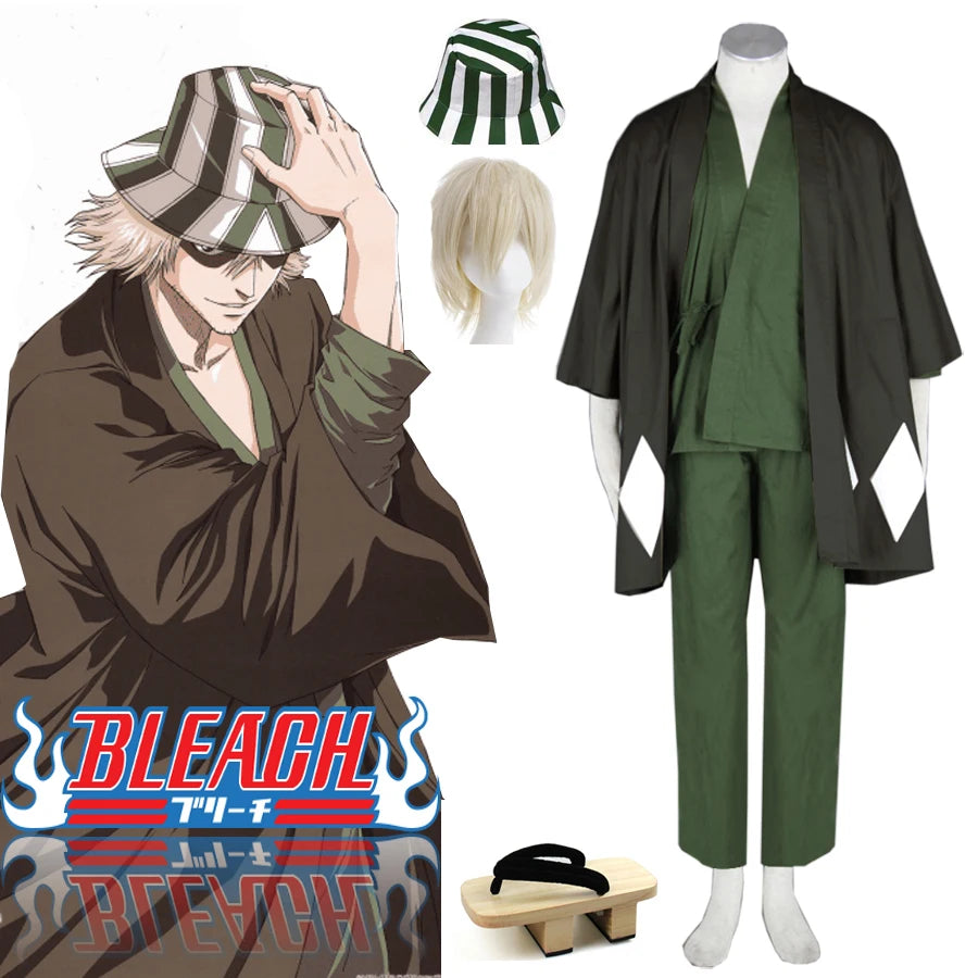 Costume de cosplay complet d'Urahara Kisuke (Bleach) : chapeau, sandales geta, kimono et perruque. 