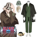 Costume de cosplay complet d'Urahara Kisuke (Bleach) : chapeau, sandales geta, kimono et perruque. 