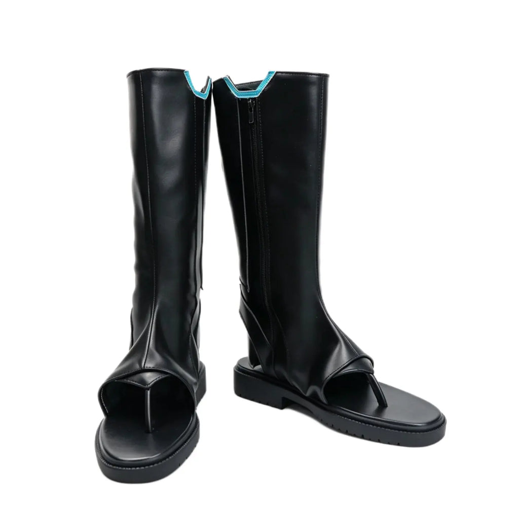 Black tall boots with open toe straps and blue-trimmed V-shaped top detail