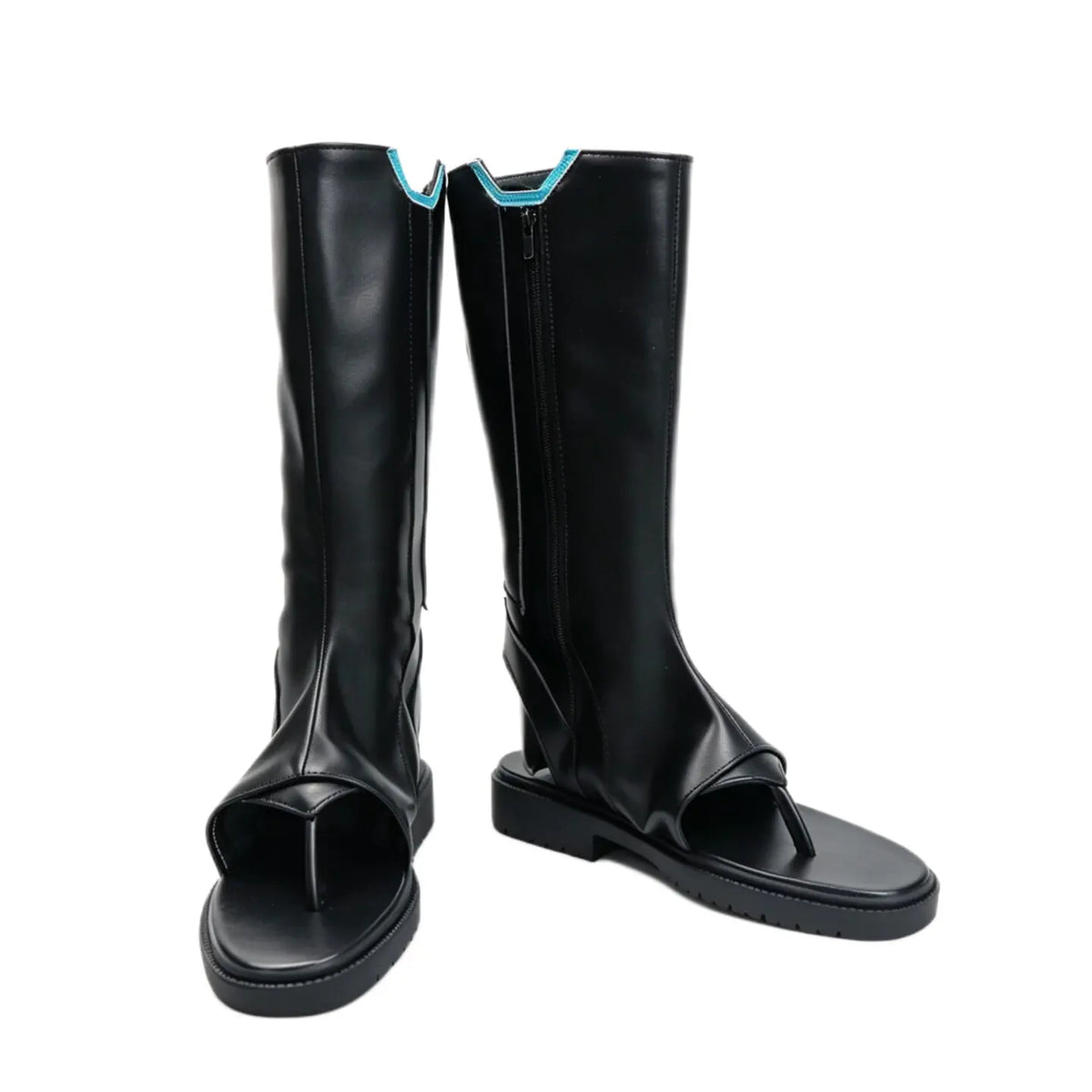Black tall boots with open toe straps and blue-trimmed V-shaped top detail
