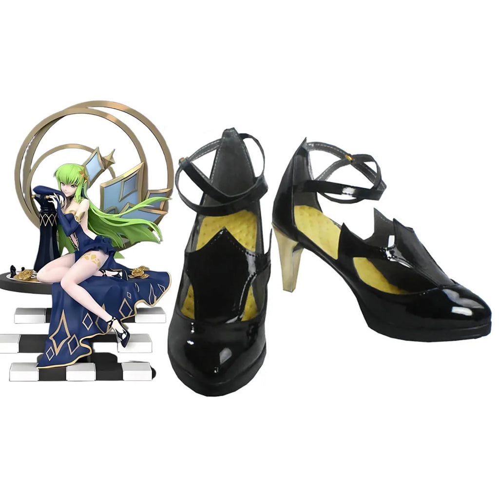 Black patent high-heel cosplay shoes, ankle straps, lace-up back, yellow lining