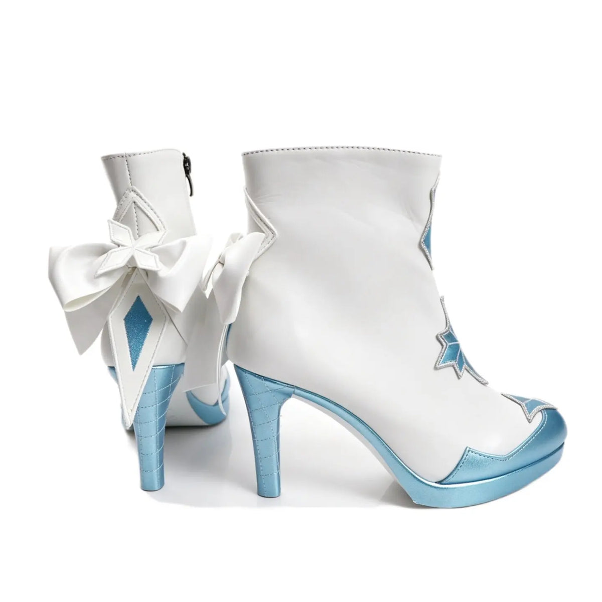 White heeled ankle boots with blue star details and ribbon bows at cuff