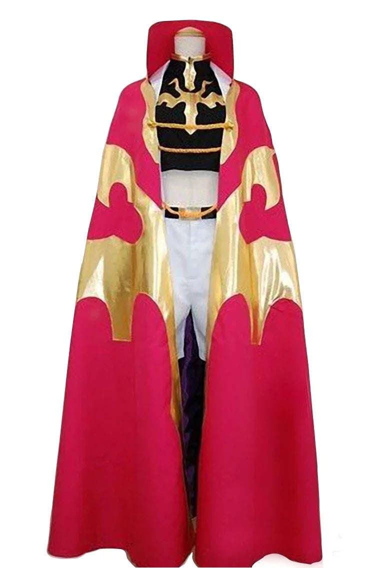 Pink hooded cape dress with gold trim, black chest panel, and white bodysuit
