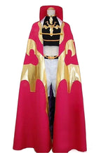 Pink hooded cape dress with gold trim, black chest panel, and white bodysuit