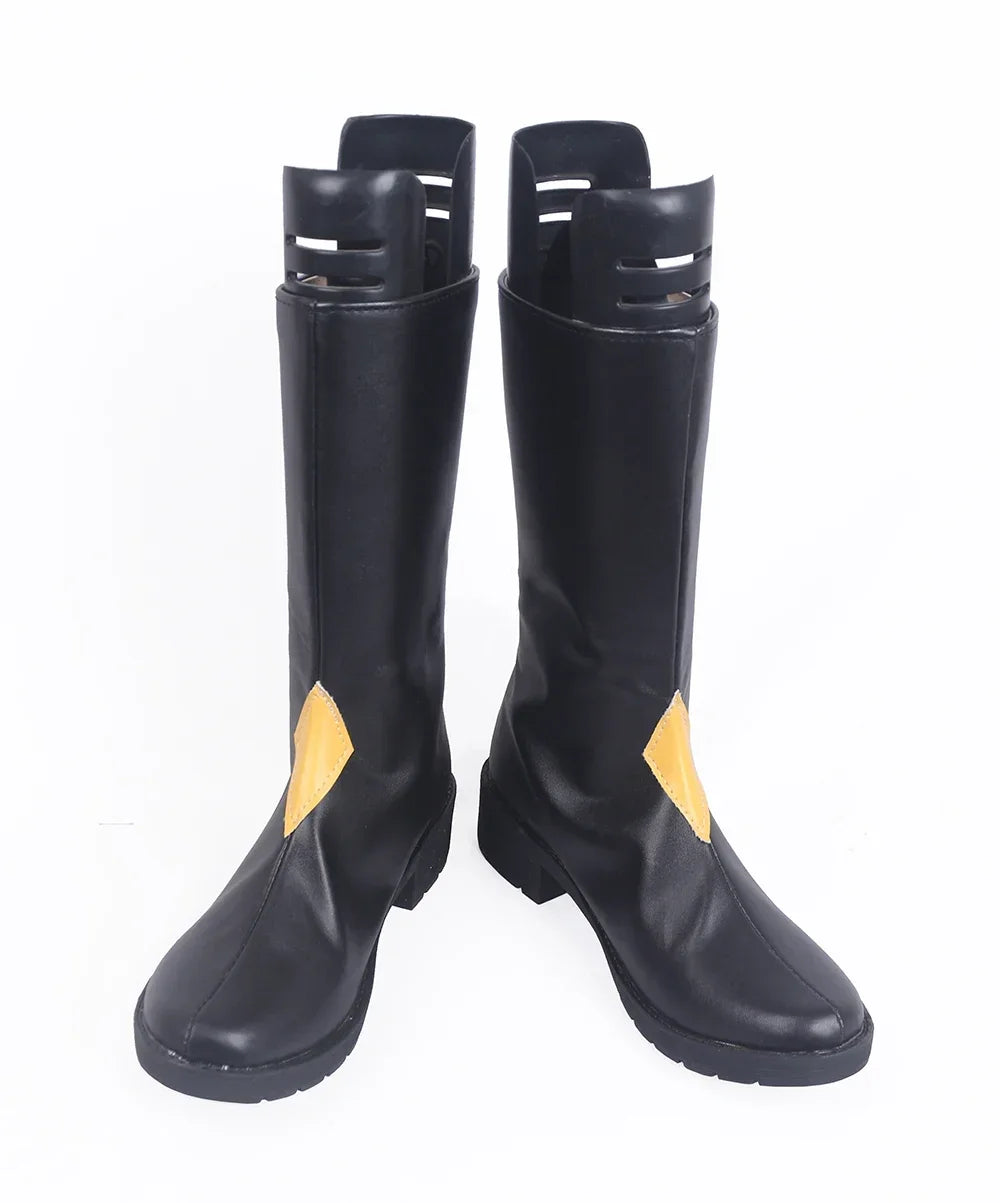 Black faux-leather cosplay boots with yellow side panels and block heels