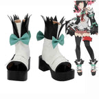 Cosplay boots with white uppers, black platform heels, teal bow accents, spiked cuffs