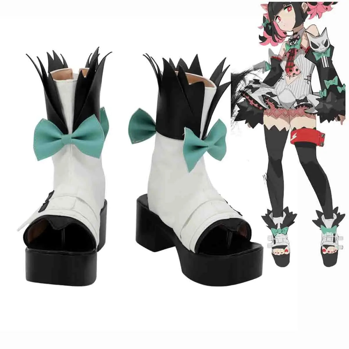 Cosplay boots with white uppers, black platform heels, teal bow accents, spiked cuffs