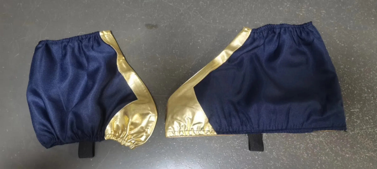 Blue fabric costume top with gold V-trim and puff sleeves