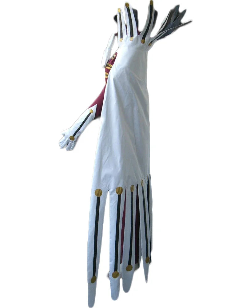 Maroon cosplay coat with gold front detailing, white gloves, and long fringed hem