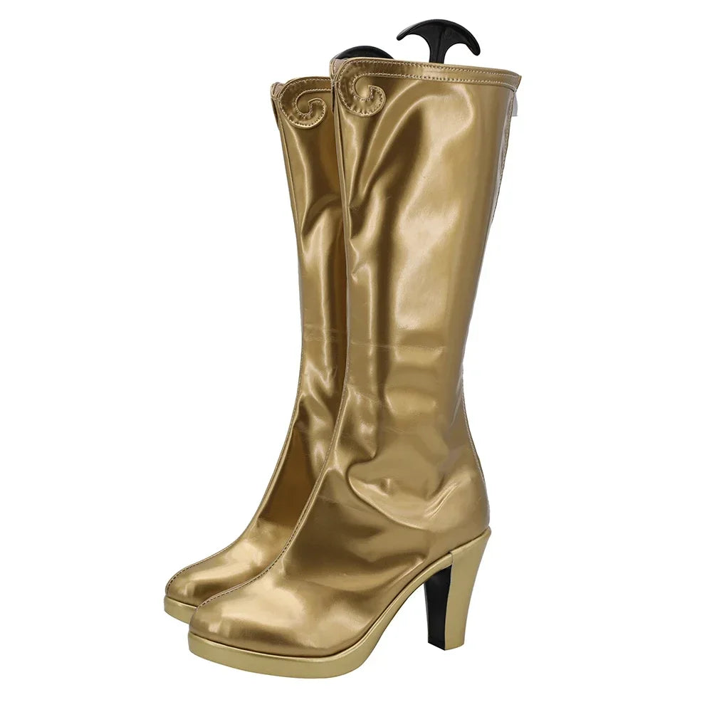 Princess of Power She-Ra Cosplay Boots Golden High Heel Shoes featuring shiny gold material, knee-high length, and stylish high heels suitable for cosplay costume wear.
