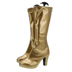Princess of Power She-Ra Cosplay Boots Golden High Heel Shoes featuring shiny gold material, knee-high length, and stylish high heels suitable for cosplay costume wear.