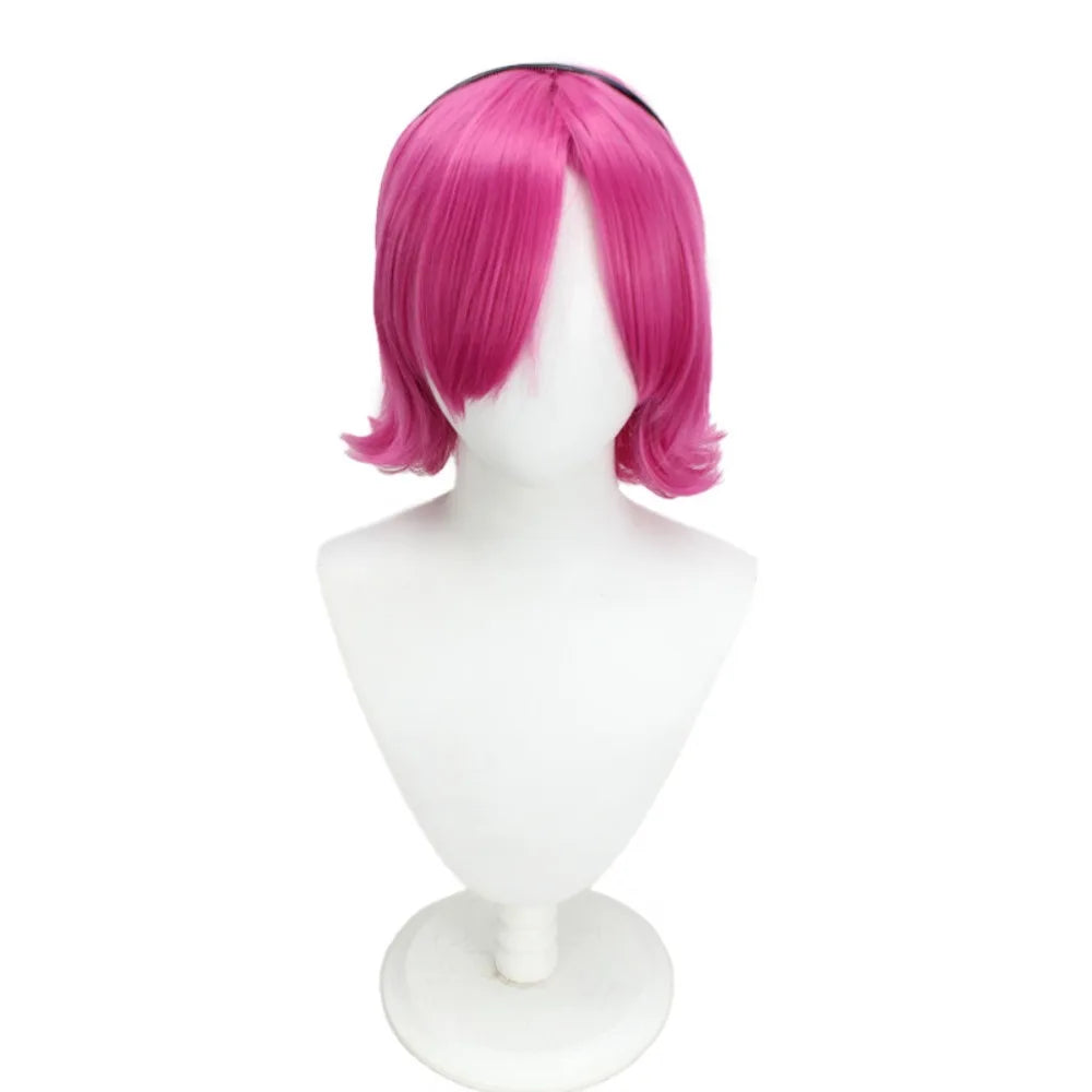 Rose-pink straight cosplay wig, bob with center bangs; front view