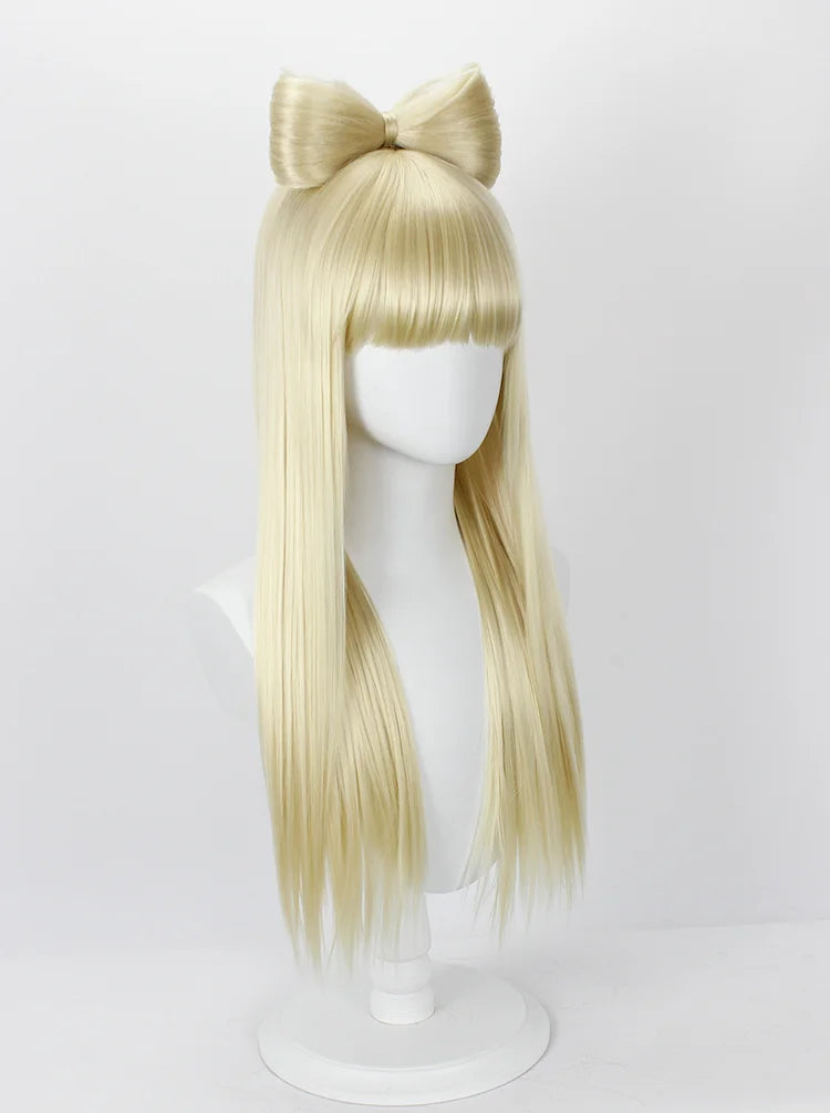Perruque blonde lisse et longue de Lady Gaga avec nœud, accessoire de cosplay classique pour soirées. 