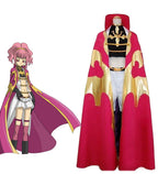 Pink and gold hooded cosplay cape dress with black-and-gold chest armor detail
