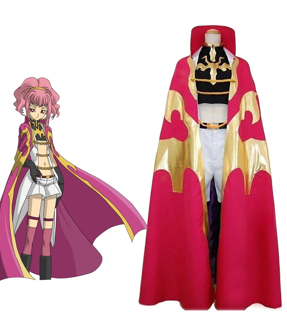 Pink and gold knight cosplay dress with cape, black chest armor, and white trousers