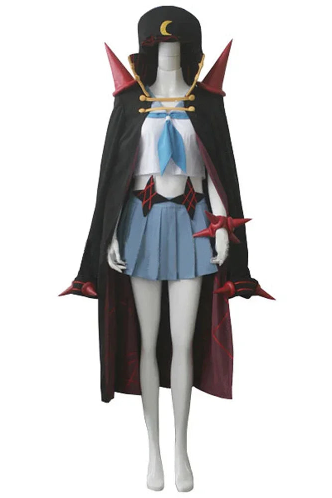 Anime cosplay uniform: black cloak with red accents, blue skirt, gold rope belt details