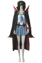 Anime cosplay uniform: black cloak with red accents, blue skirt, gold rope belt details