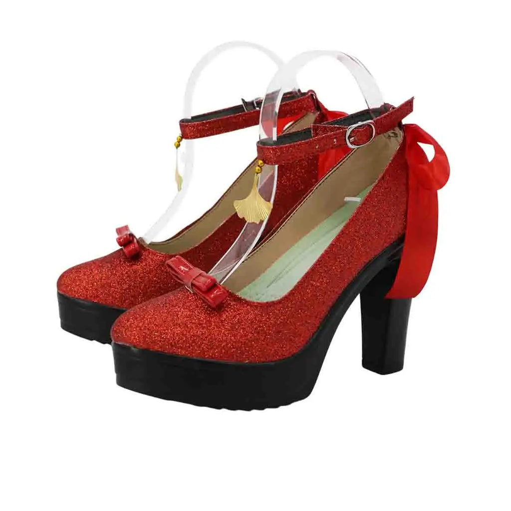 Red glitter heeled cosplay shoes with ankle strap, bow ties, and black platform sole