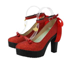 Red glitter heeled cosplay shoes with ankle strap, bow ties, and black platform sole
