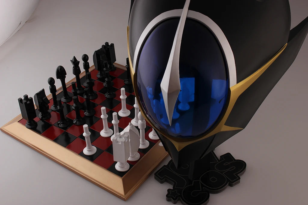 Black cosplay helmet with blue visor, with chessboard pieces and accessory base