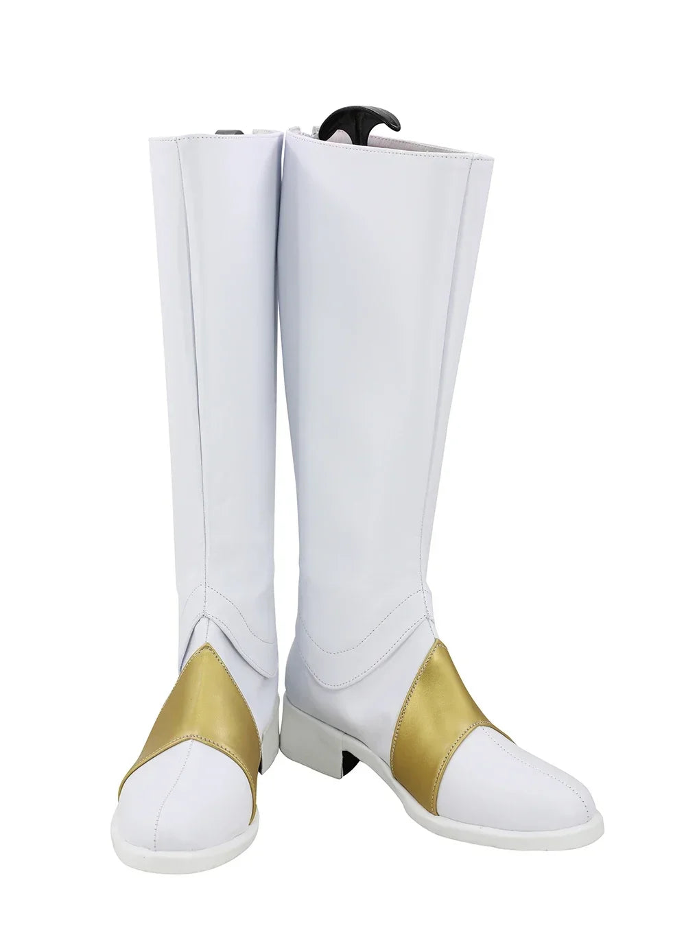 White tall cosplay boots showing front profile with gold ankle panel and pull-on design