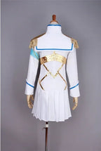 Back view white cosplay dress with blue collar trim, gold crisscross harness and fringe