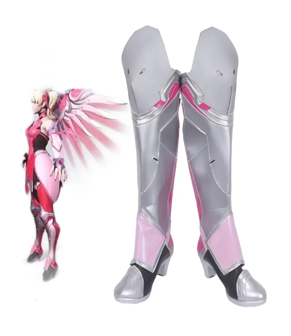 Overwatch Mercy Cosplay Boots Angela Ziegler Pink Shoes