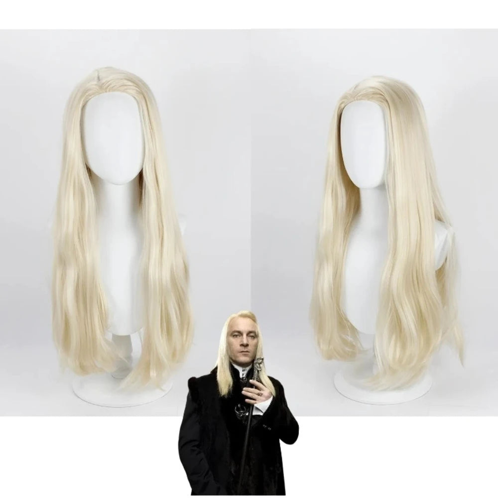Perruque de cosplay Lucius Malfoy, blonde, longue et ondulée, beige 