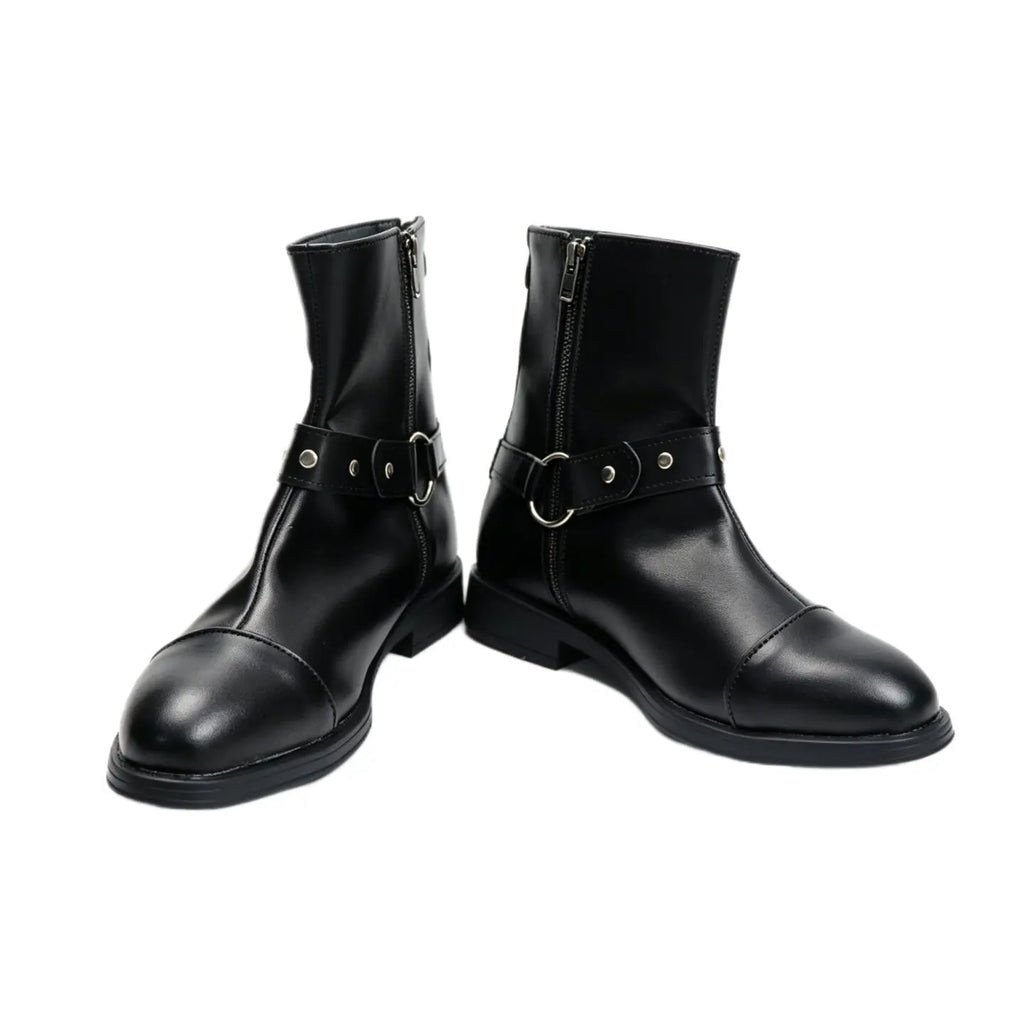Black ankle cosplay boots with side zipper, buckle strap, and low stacked heel pair