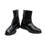 Black ankle cosplay boots with side zipper, buckle strap, and low stacked heel pair