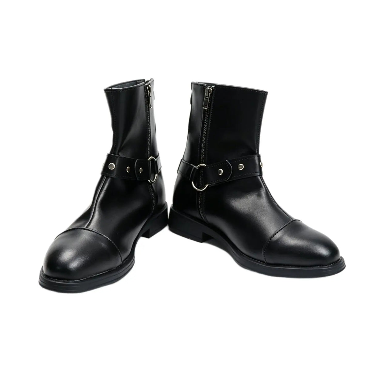 Black ankle cosplay boots with side zipper, buckle strap, and low stacked heel pair