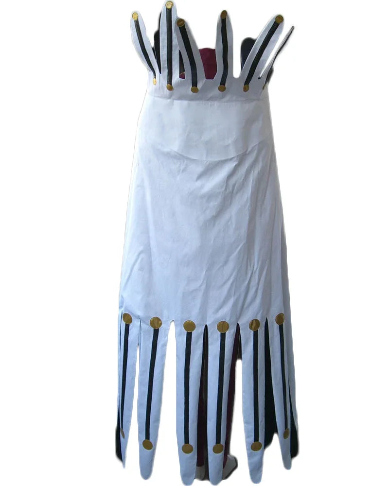 Cosplay uniform skirt with white pleated fabric, black panel trim, and gold button accents