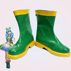 Glossy green mid-calf rain boots with yellow sole and trim, side zip closure