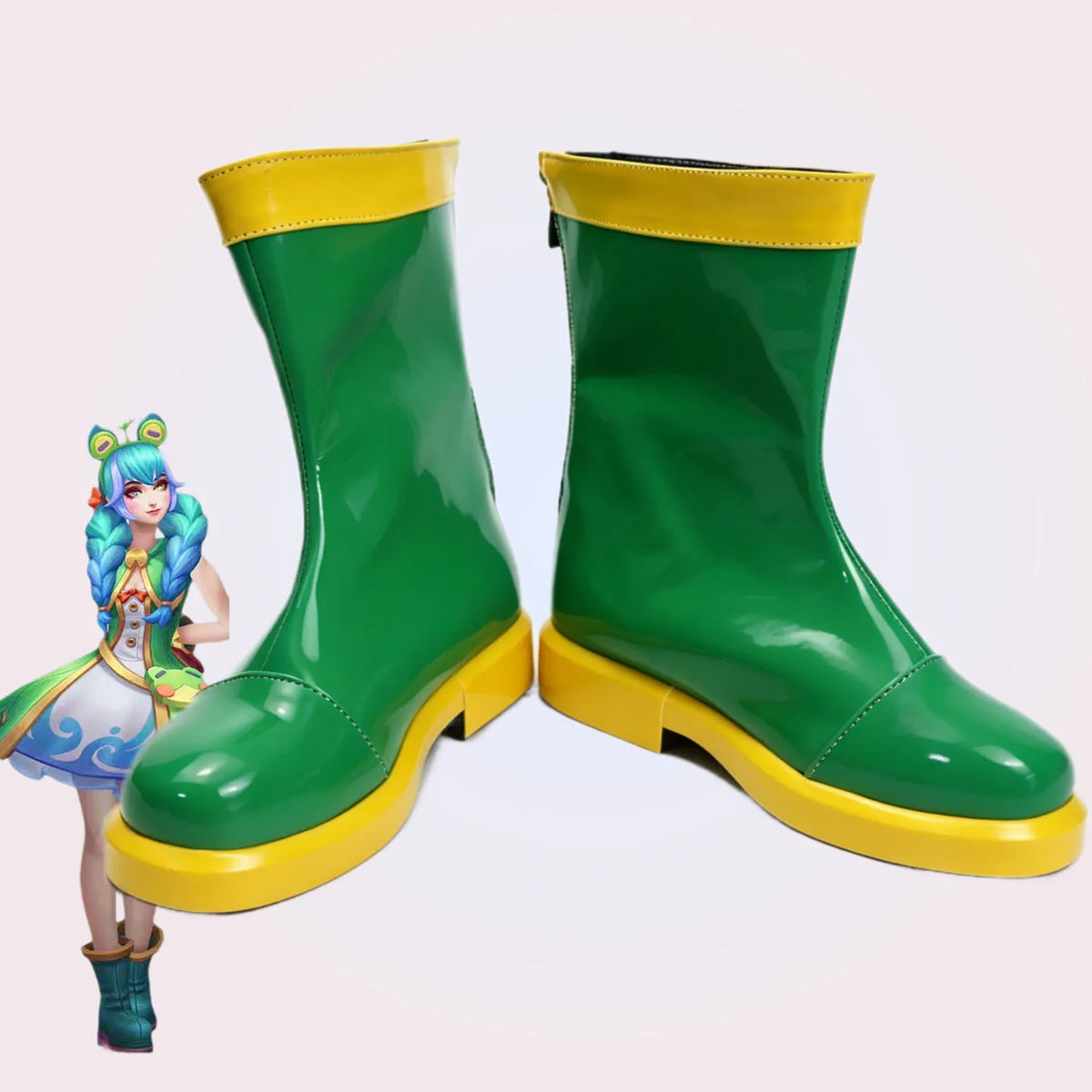 Glossy green mid-calf rain boots with yellow sole and trim, side zip closure