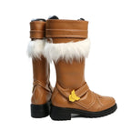 Pair of brown tall cosplay boots with white faux-fur cuff, yellow bow, and black tread sole.
