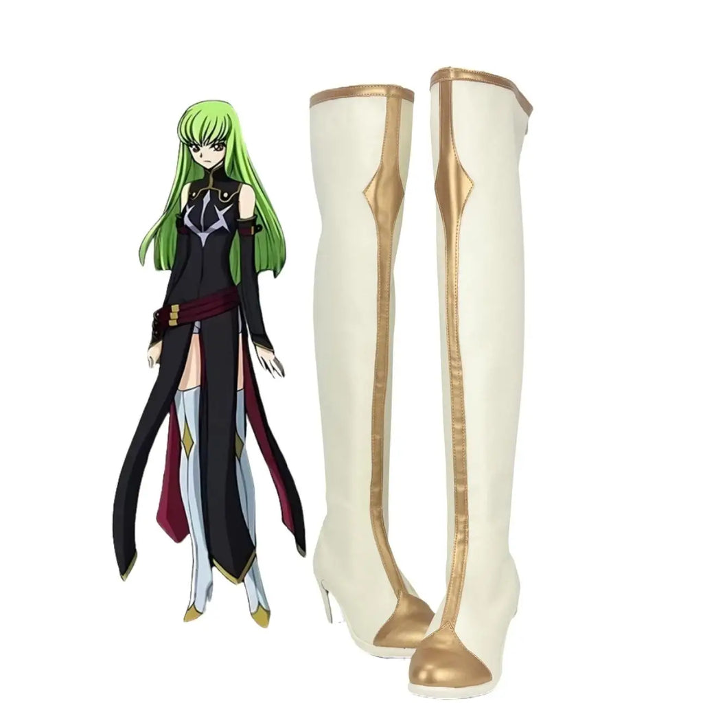 Knee-high white cosplay boots with gold trim and pointed toes