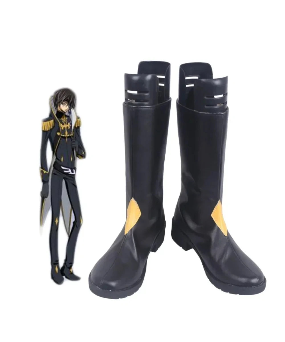 Black cosplay boots, side view with yellow diamond panels and strap accents