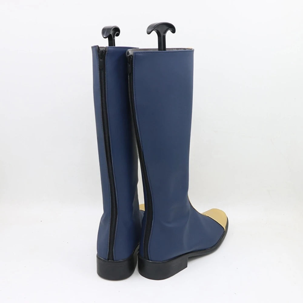 Navy-blue tall boots with gold accent stripe, black soles; rear view of heels and shafts.