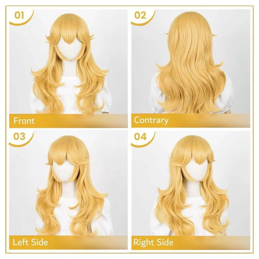 The Super Mario Bros Princess Peach Cosplay Wig Layered Wavy Long Hair with Crown