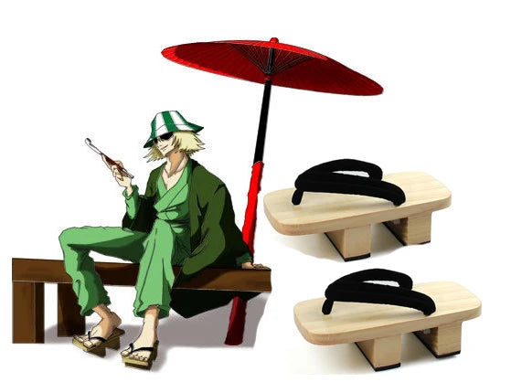 Costume de cosplay complet d'Urahara Kisuke (Bleach) : chapeau, sandales geta, kimono et perruque. 